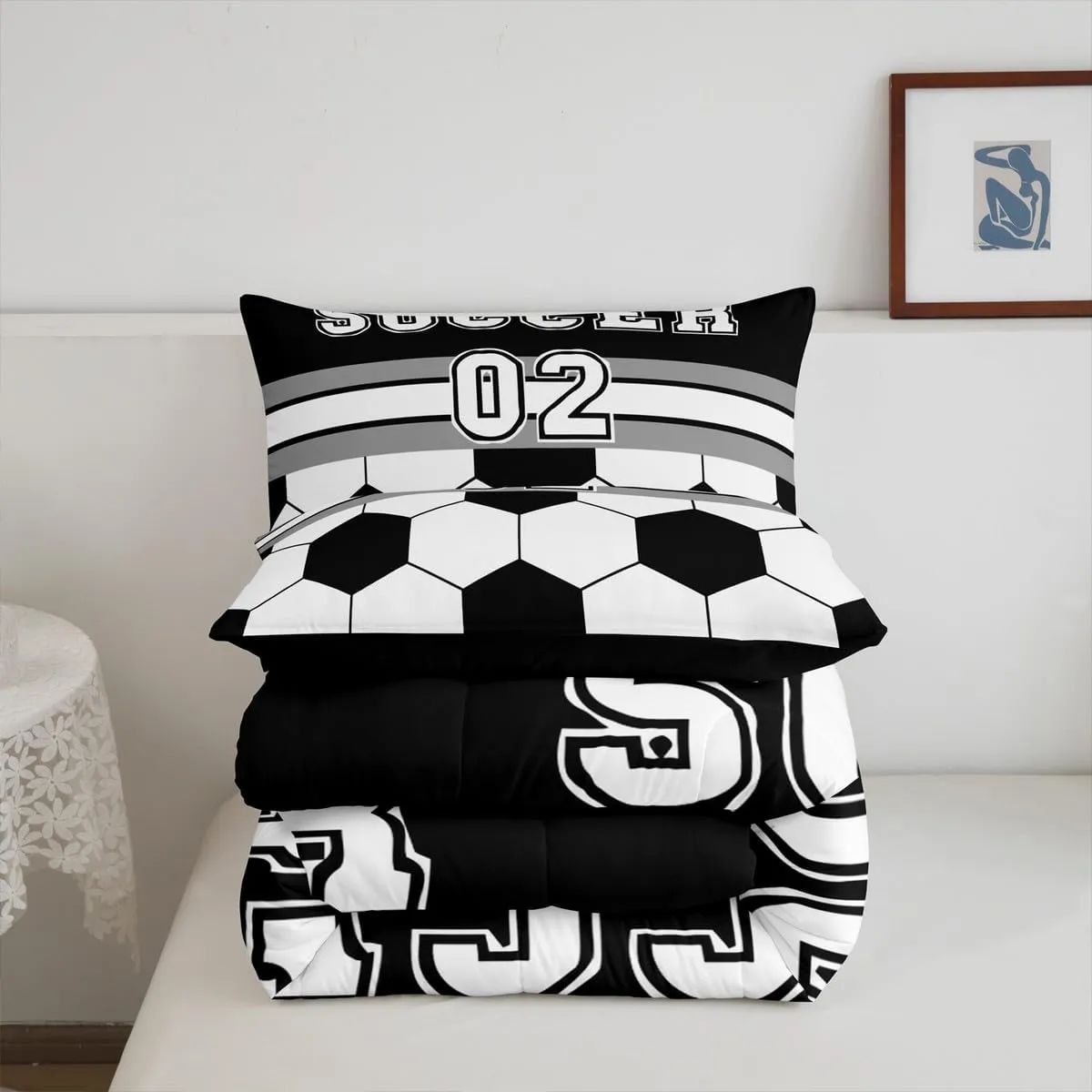 Feelyou Soccer Bedding Set Queen Size for Kids Boys Girls Teens Toddler Football Duvet Set Sport Ball Theme Comforter Set Black White Quilt Set 3Pcs