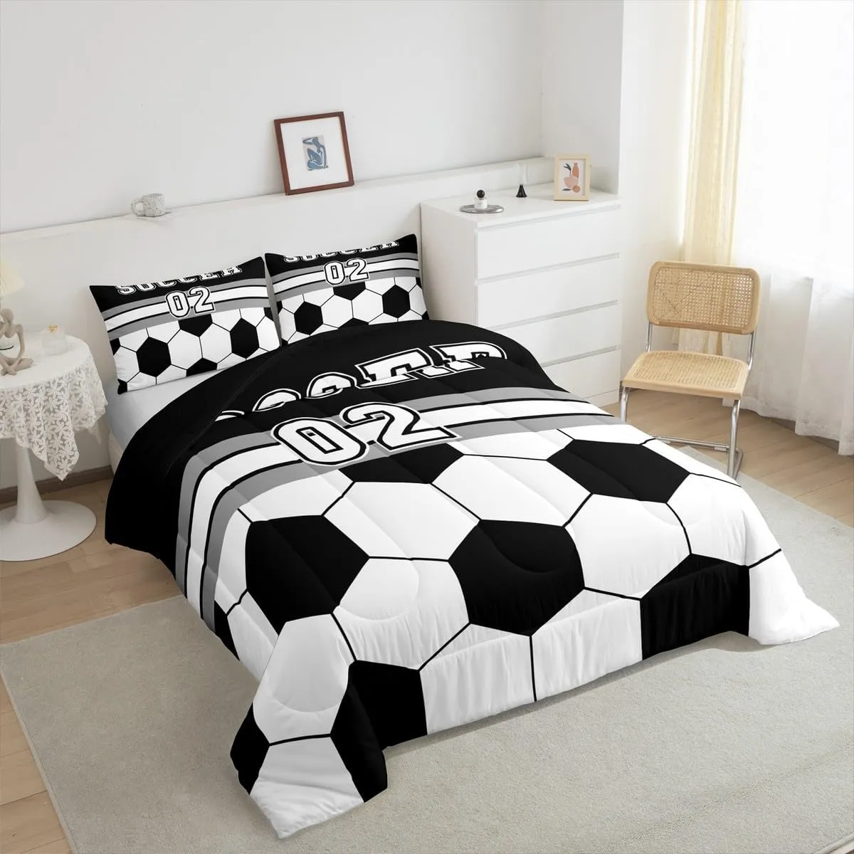 Feelyou Soccer Bedding Set Queen Size for Kids Boys Girls Teens Toddler Football Duvet Set Sport Ball Theme Comforter Set Black White Quilt Set 3Pcs