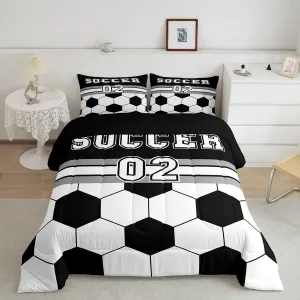Feelyou Soccer Bedding Set Queen Size for Kids Boys Girls Teens Toddler Football Duvet Set Sport Ball Theme Comforter Set Black White Quilt Set 3Pcs