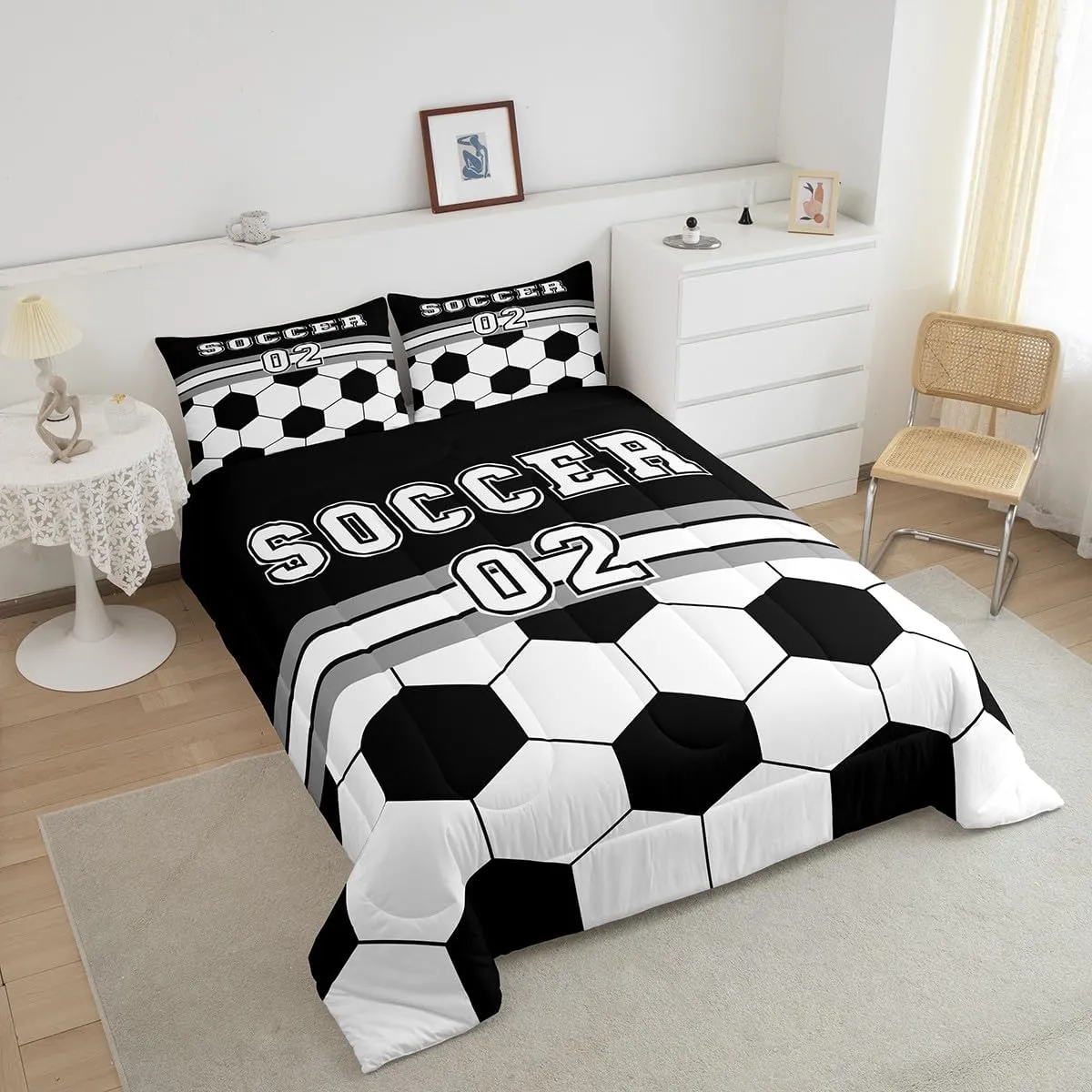 Feelyou Soccer Bedding Set Queen Size for Kids Boys Girls Teens Toddler Football Duvet Set Sport Ball Theme Comforter Set Black White Quilt Set 3Pcs
