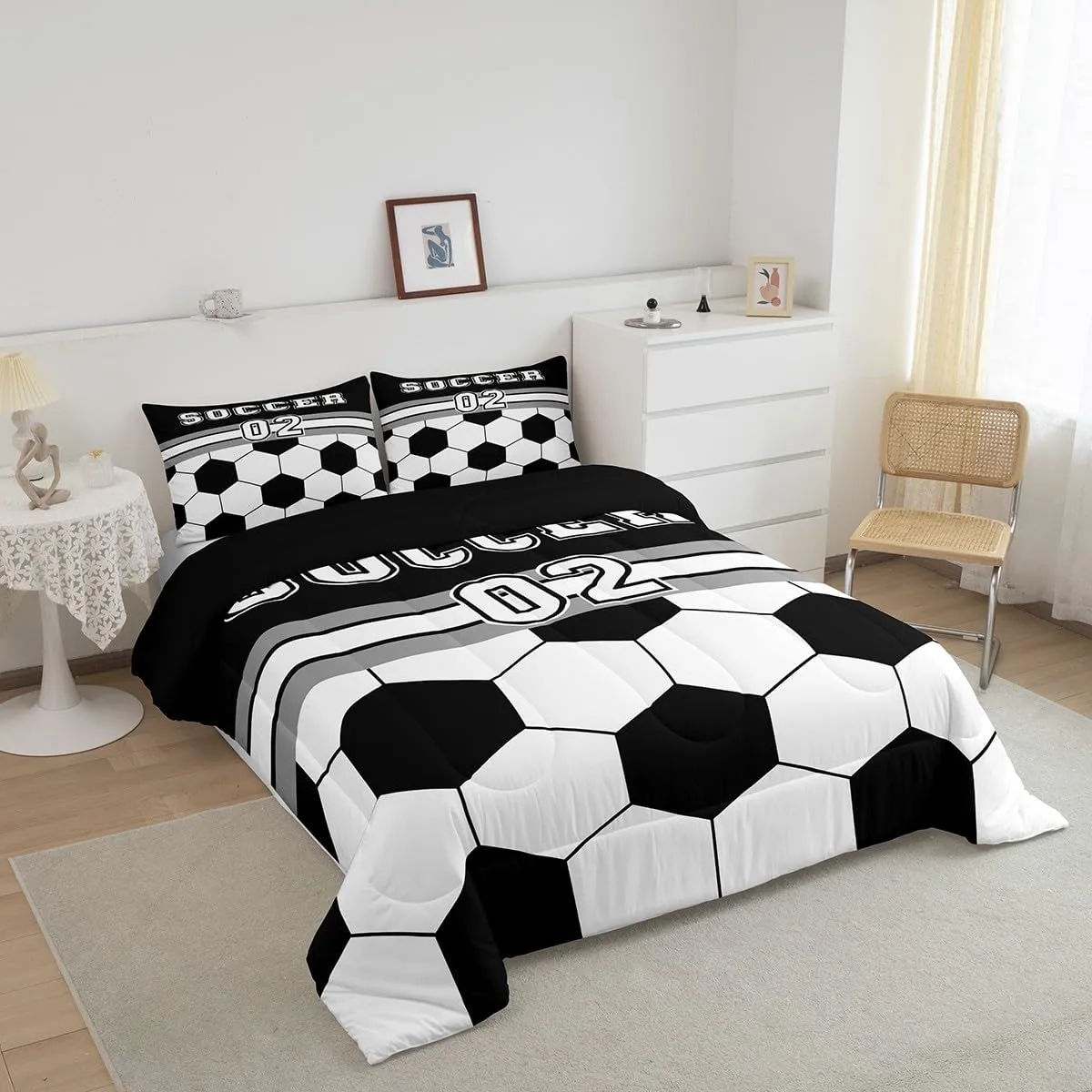 Feelyou Soccer Bedding Set Queen Size for Kids Boys Girls Teens Toddler Football Duvet Set Sport Ball Theme Comforter Set Black White Quilt Set 3Pcs