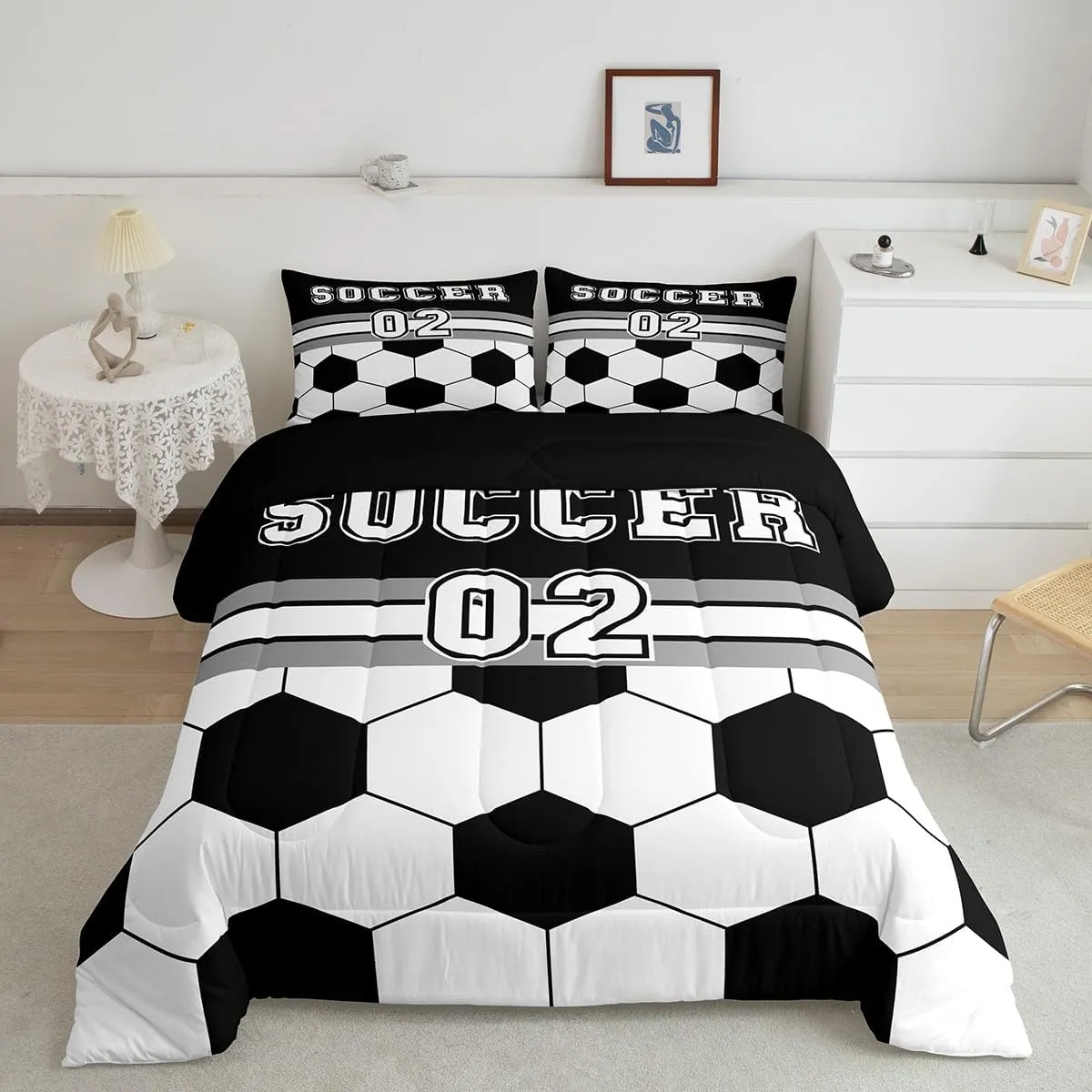 Feelyou Soccer Bedding Set Queen Size for Kids Boys Girls Teens Toddler Football Duvet Set Sport Ball Theme Comforter Set Black White Quilt Set 3Pcs