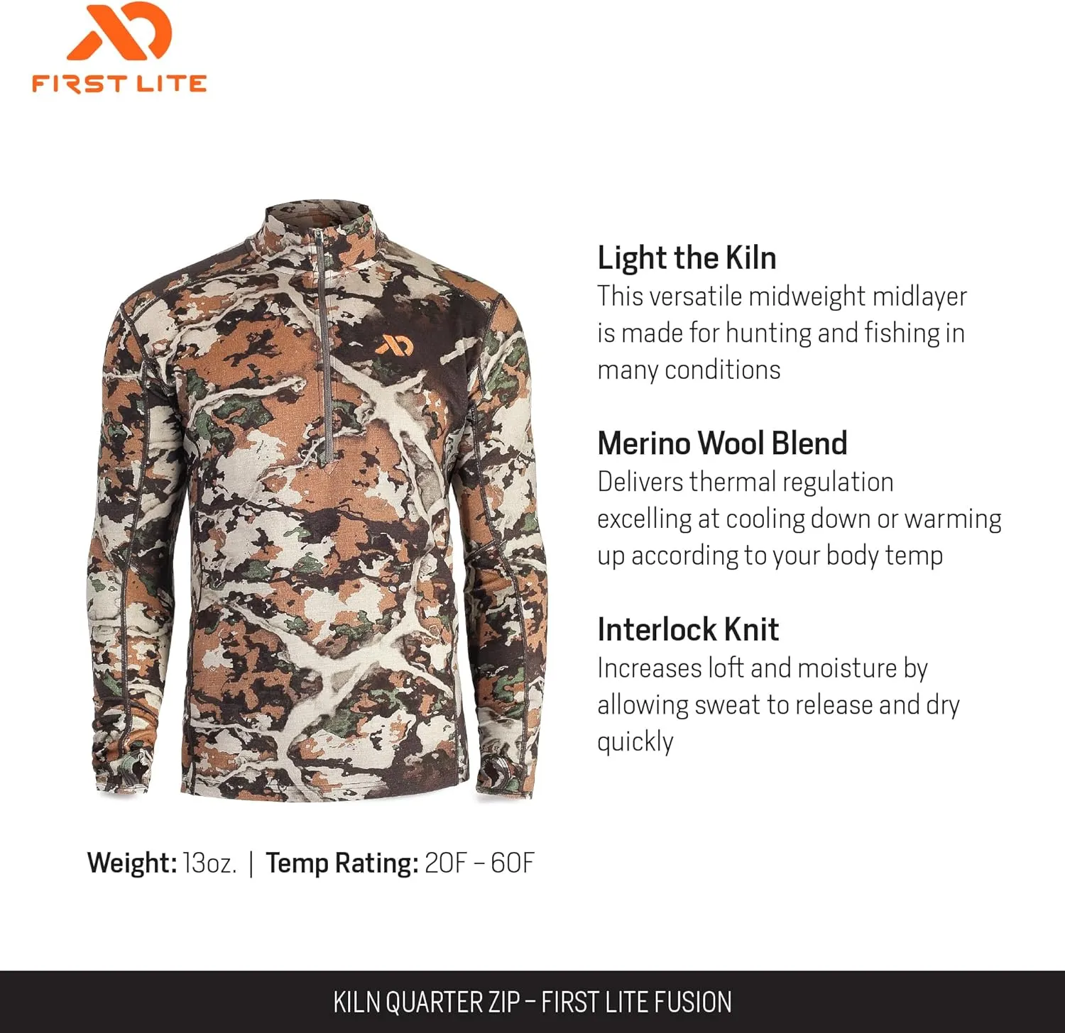 First Lite Men's Kiln Quarter-Zip - Merino Wool Midweight Camo Hunting Base Layer