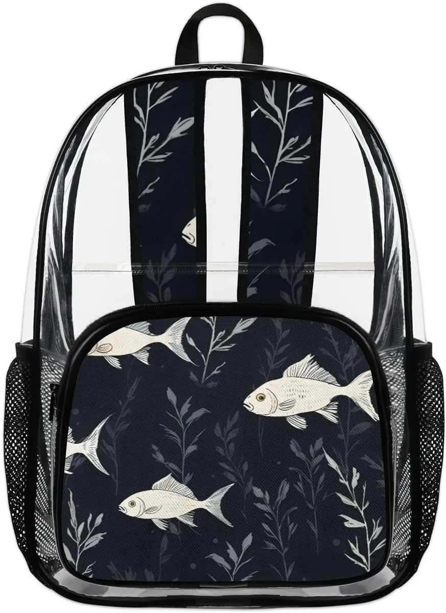 Fish Pattern Clear Backpack Stadium Approved Heavy-Duty See Through Bag Waterproof Clear Backpack for Concerts Work Sports & Events Large Capacity 11.2x6.2x17.7"