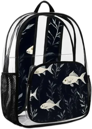 Fish Pattern Clear Backpack Stadium Approved Heavy-Duty See Through Bag Waterproof Clear Backpack for Concerts Work Sports & Events Large Capacity 11.2x6.2x17.7"