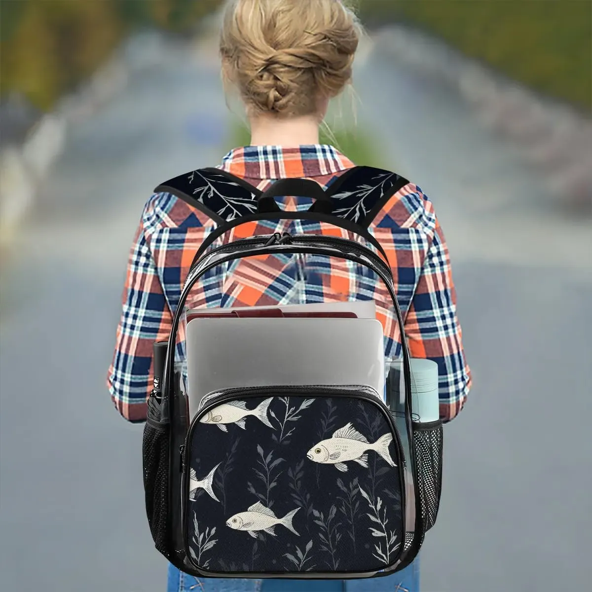 Fish Pattern Clear Backpack Stadium Approved Heavy-Duty See Through Bag Waterproof Clear Backpack for Concerts Work Sports & Events Large Capacity 11.2x6.2x17.7"