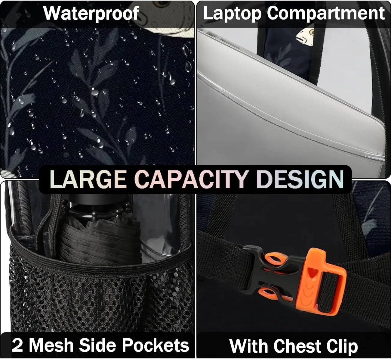 Fish Pattern Clear Backpack Stadium Approved Heavy-Duty See Through Bag Waterproof Clear Backpack for Concerts Work Sports & Events Large Capacity 11.2x6.2x17.7"