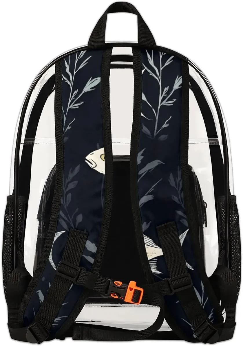 Fish Pattern Clear Backpack Stadium Approved Heavy-Duty See Through Bag Waterproof Clear Backpack for Concerts Work Sports & Events Large Capacity 11.2x6.2x17.7"