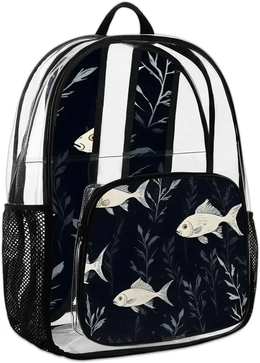 Fish Pattern Clear Backpack Stadium Approved Heavy-Duty See Through Bag Waterproof Clear Backpack for Concerts Work Sports & Events Large Capacity 11.2x6.2x17.7"