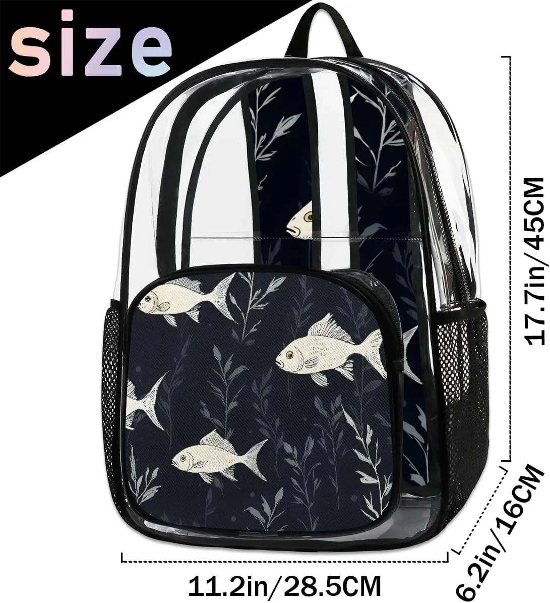 Fish Pattern Clear Backpack Stadium Approved Heavy-Duty See Through Bag Waterproof Clear Backpack for Concerts Work Sports & Events Large Capacity 11.2x6.2x17.7"