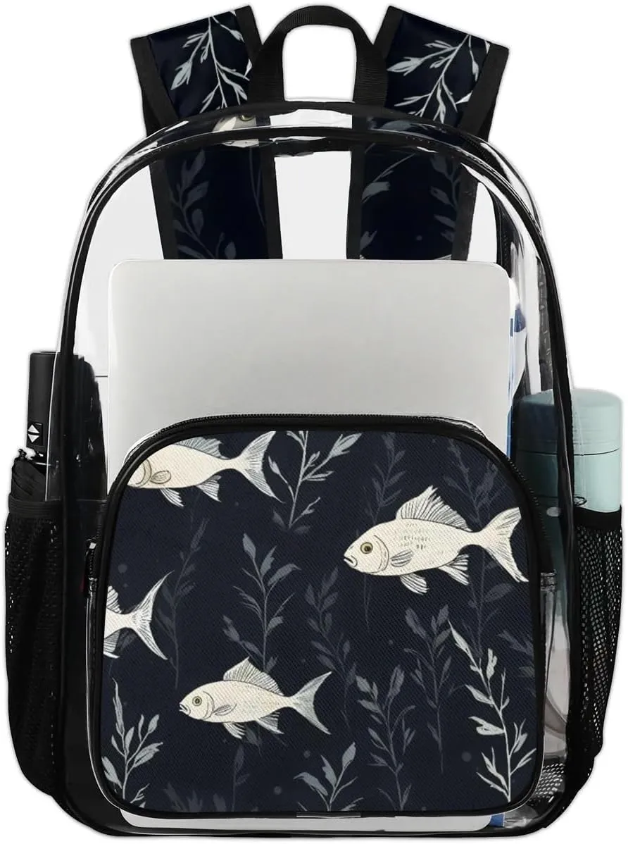 Fish Pattern Clear Backpack Stadium Approved Heavy-Duty See Through Bag Waterproof Clear Backpack for Concerts Work Sports & Events Large Capacity 11.2x6.2x17.7"
