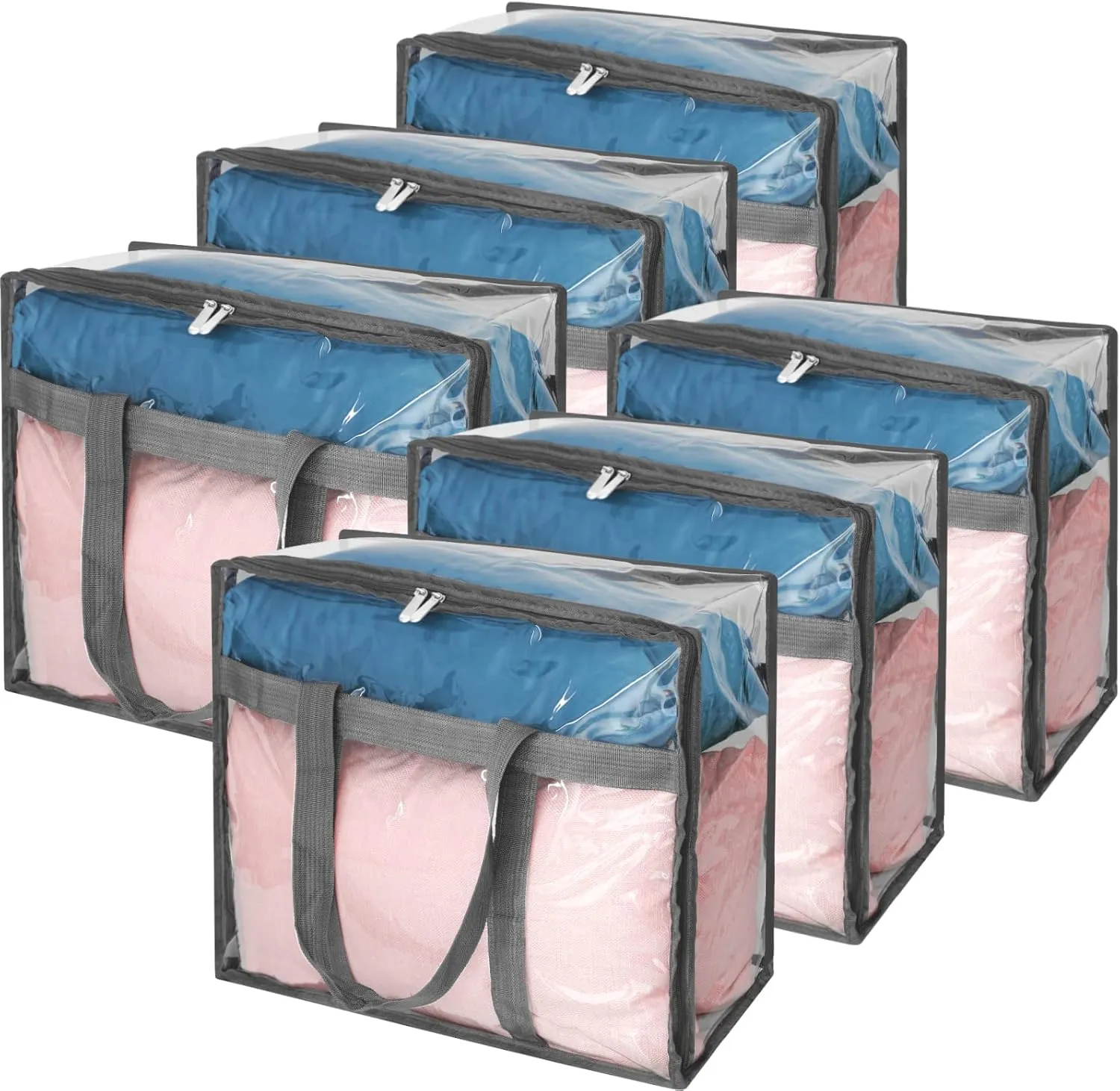 Fixwal 6 Pack Clear Clothes Storage Bags PVC Organizers with Reinforced Handle 18x15x9 Inch Transparent Vinyl Space Saver with Sturdy Zippers for Comforters, Blankets, Linen, Bedding, Duvet