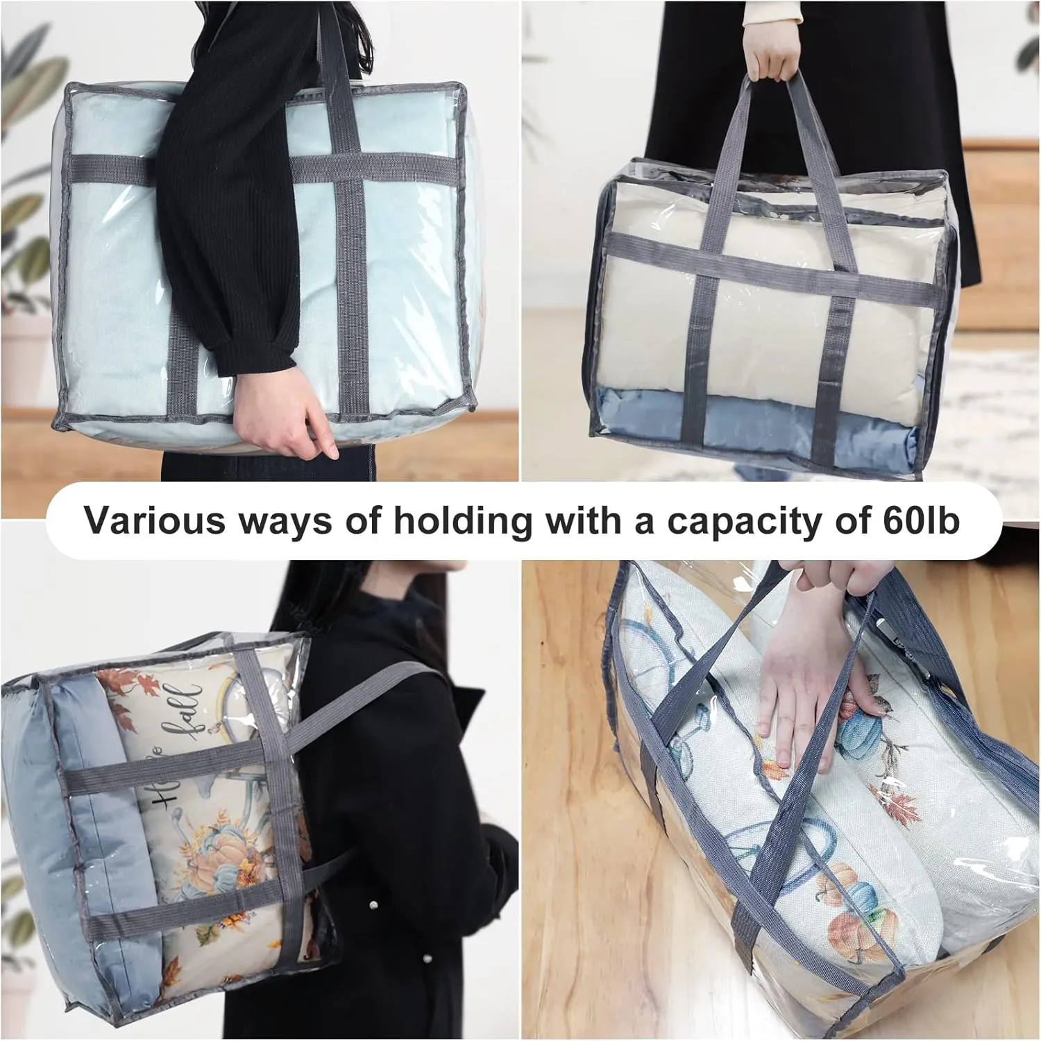 Fixwal 6 Pack Clear Clothes Storage Bags PVC Organizers with Reinforced Handle 18x15x9 Inch Transparent Vinyl Space Saver with Sturdy Zippers for Comforters, Blankets, Linen, Bedding, Duvet