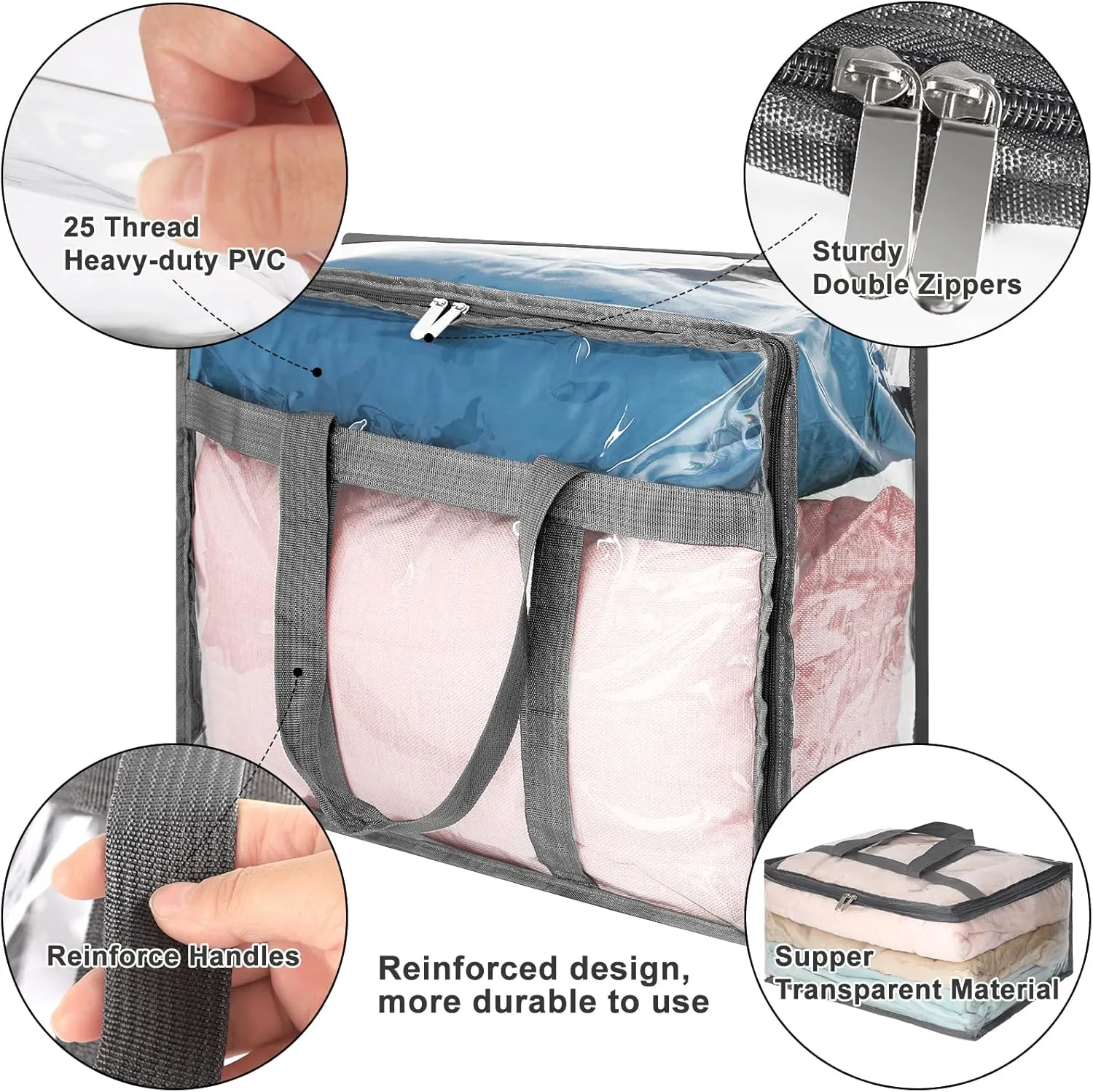 Fixwal 6 Pack Clear Clothes Storage Bags PVC Organizers with Reinforced Handle 18x15x9 Inch Transparent Vinyl Space Saver with Sturdy Zippers for Comforters, Blankets, Linen, Bedding, Duvet