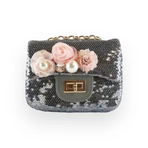 Floral Appliques Sequin Pewter/Silver Purse