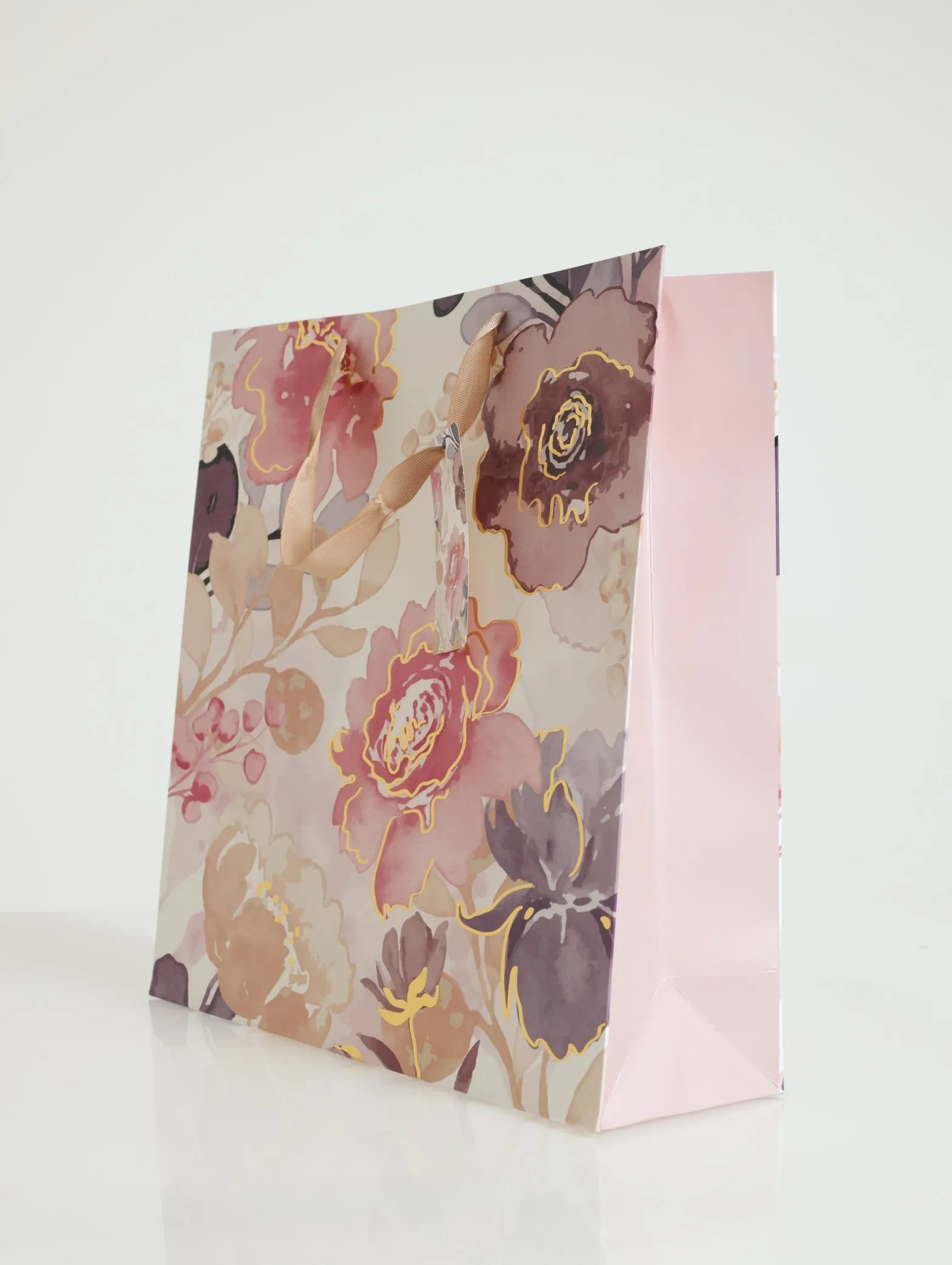 Floral Print With Gold Foil Gift Bag-Medium - Light Pink