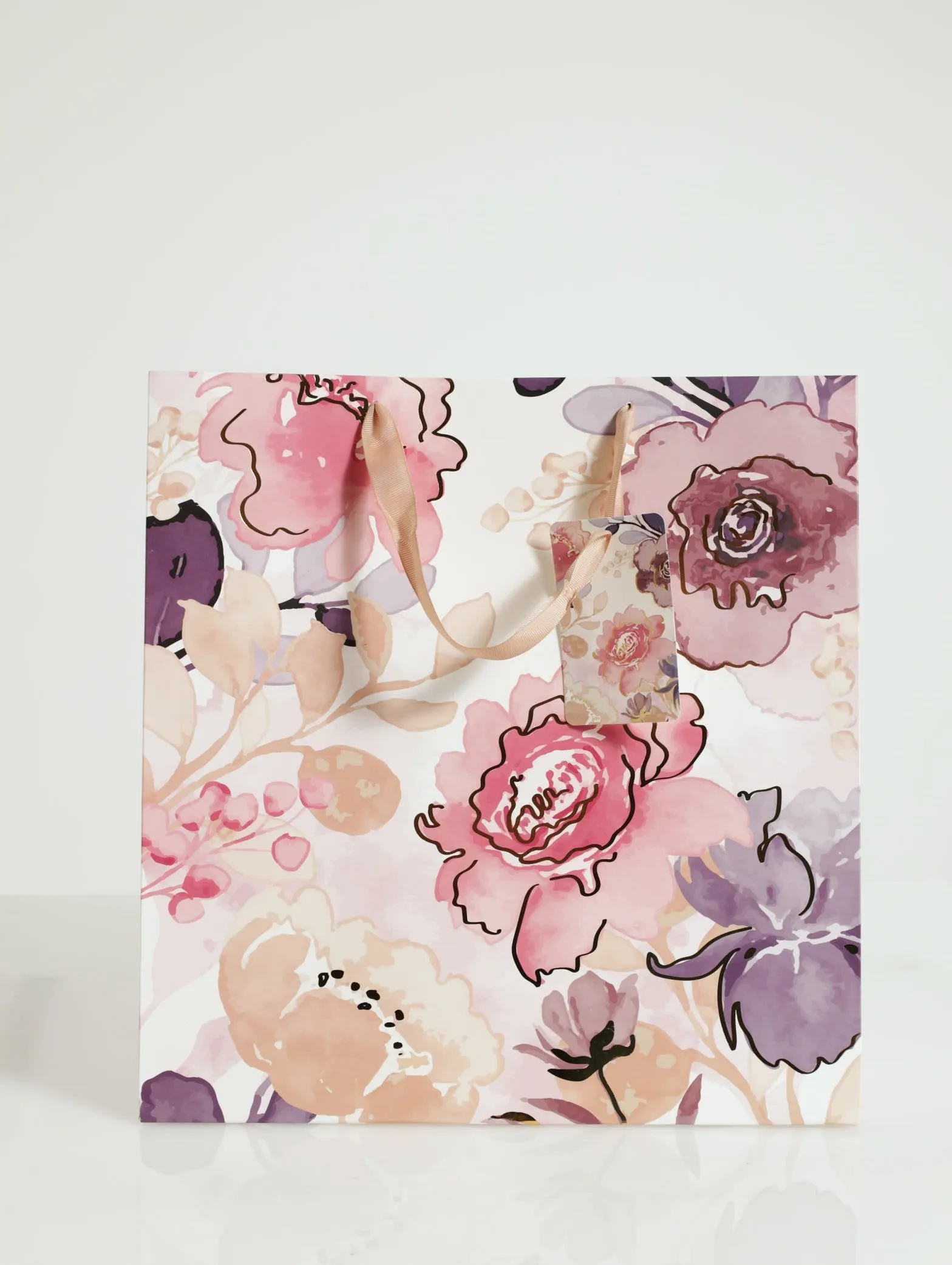 Floral Print With Gold Foil Gift Bag-Medium - Light Pink