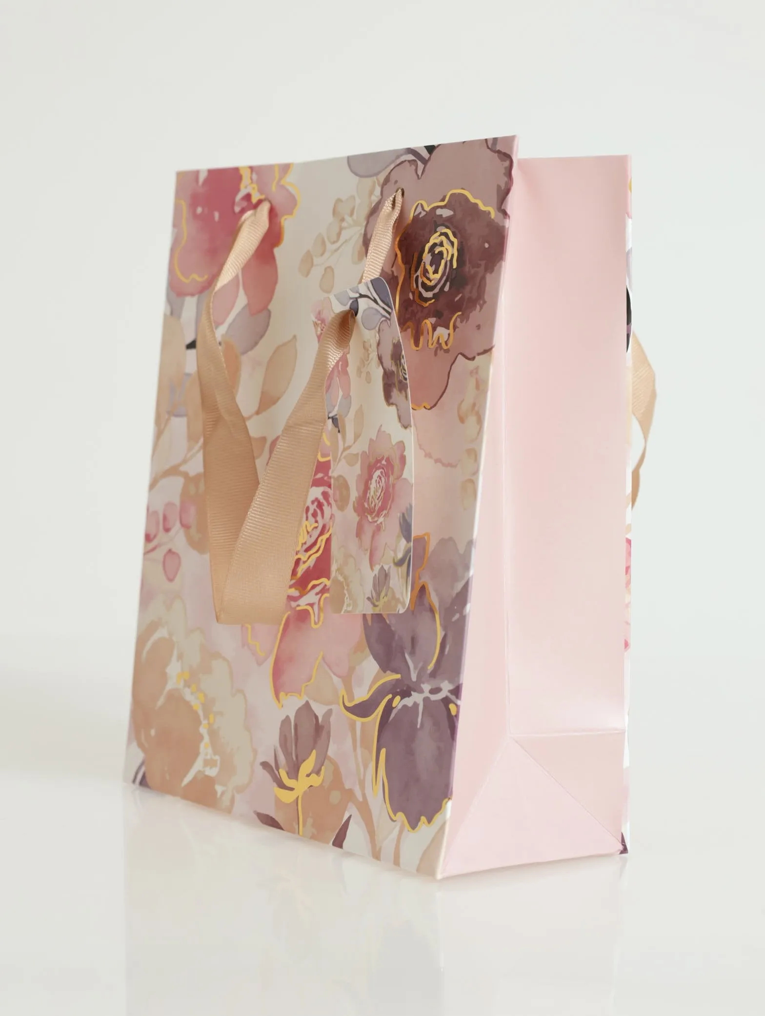 Floral Print With Gold Foil Gift Bag-Small - Light Pink