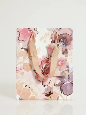 Floral Print With Gold Foil Gift Bag-Small - Light Pink