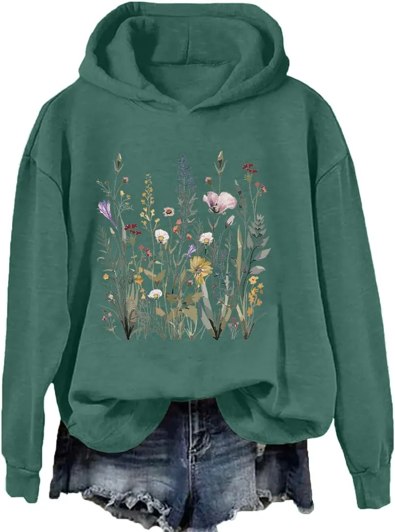 Flower Graphic Hoodie for Women Flower Sweatshirt Pressed Floral Printed Vintage Shirt