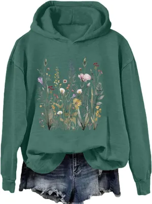 Flower Graphic Hoodie for Women Flower Sweatshirt Pressed Floral Printed Vintage Shirt