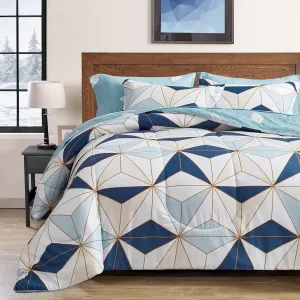 Flysheep Bed in a Bag 6 Pieces Twin for Kids, Navy Blue Triangles Geometric Pattern Printed Microfiber Comforter Sheet Set (1 Comforter, 1 Flat Sheet, 1 Fitted Sheet, 2 Pillow Shams, 1 Pillowcase)