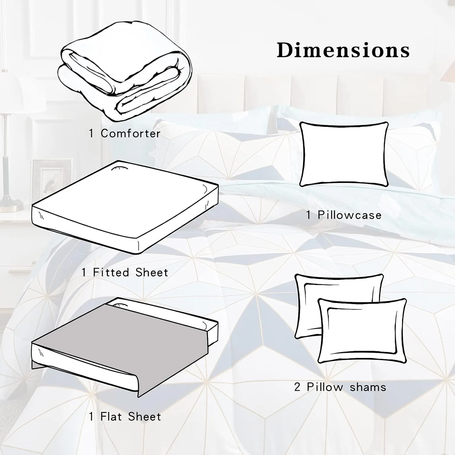 Flysheep Bed in a Bag 6 Pieces Twin for Kids, Navy Blue Triangles Geometric Pattern Printed Microfiber Comforter Sheet Set (1 Comforter, 1 Flat Sheet, 1 Fitted Sheet, 2 Pillow Shams, 1 Pillowcase)