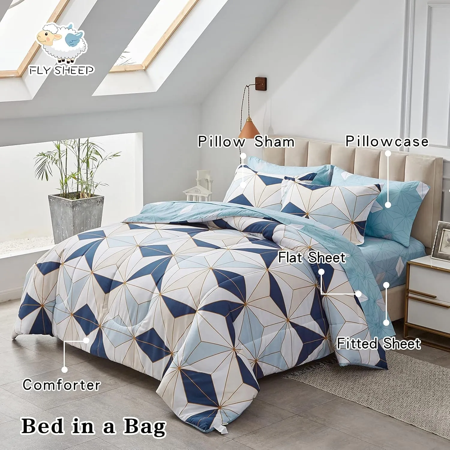 Flysheep Bed in a Bag 6 Pieces Twin for Kids, Navy Blue Triangles Geometric Pattern Printed Microfiber Comforter Sheet Set (1 Comforter, 1 Flat Sheet, 1 Fitted Sheet, 2 Pillow Shams, 1 Pillowcase)