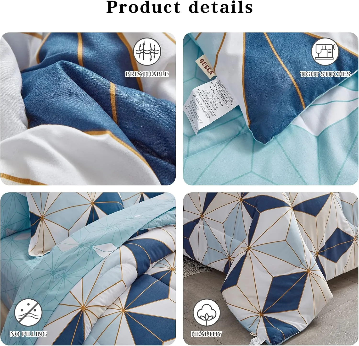 Flysheep Bed in a Bag 6 Pieces Twin for Kids, Navy Blue Triangles Geometric Pattern Printed Microfiber Comforter Sheet Set (1 Comforter, 1 Flat Sheet, 1 Fitted Sheet, 2 Pillow Shams, 1 Pillowcase)