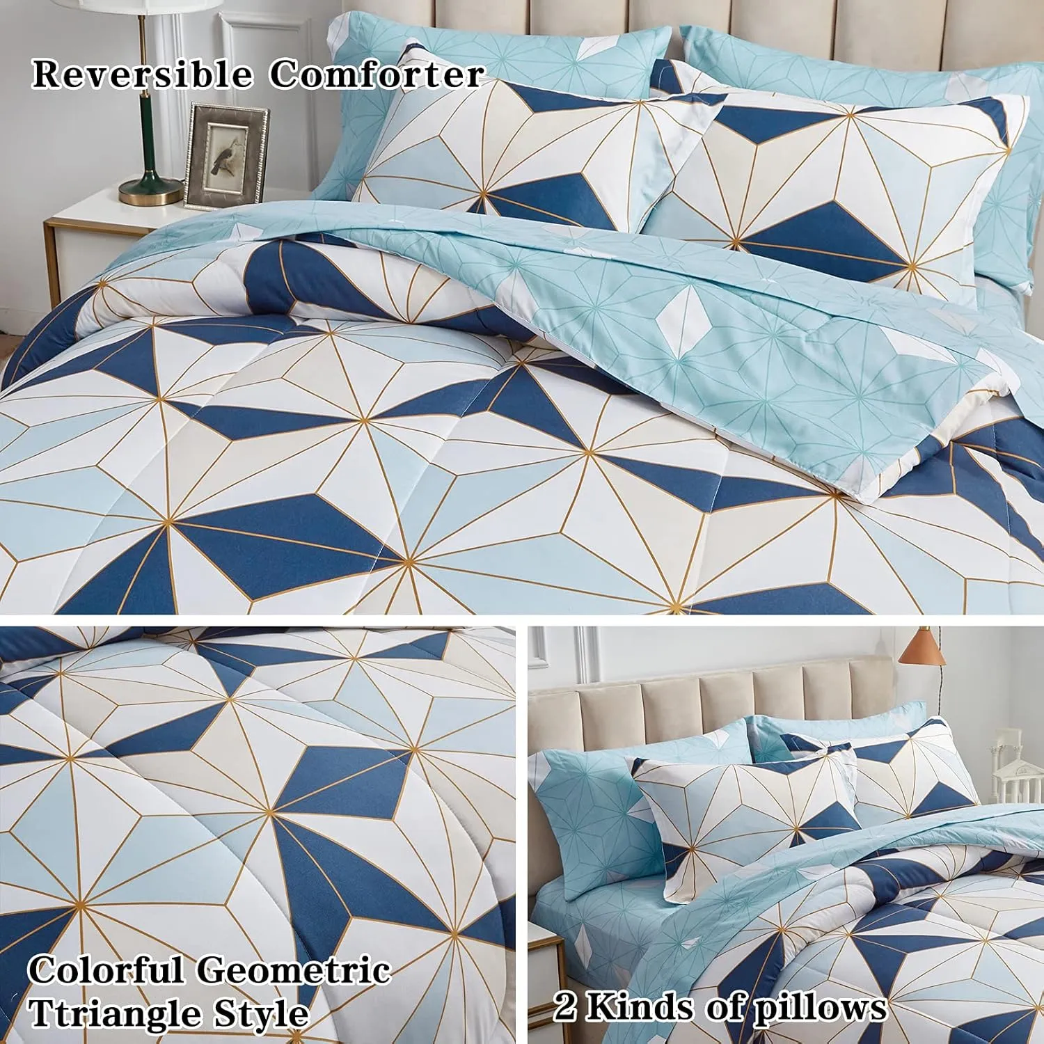 Flysheep Bed in a Bag 6 Pieces Twin for Kids, Navy Blue Triangles Geometric Pattern Printed Microfiber Comforter Sheet Set (1 Comforter, 1 Flat Sheet, 1 Fitted Sheet, 2 Pillow Shams, 1 Pillowcase)