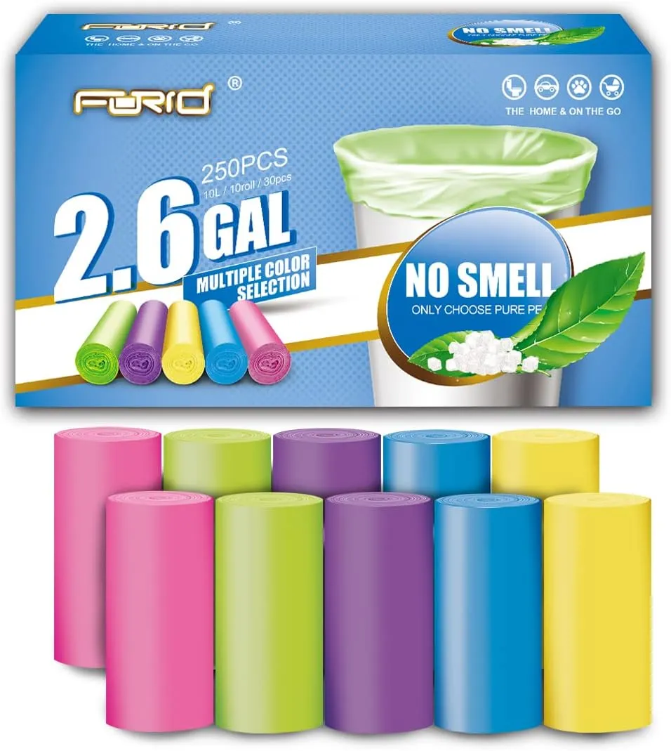 FORID Small Bathroom Trash Bags - 2.6 Gallon Colored Garbage Bags 250 Counts 10 Liter Unscented Waste Can Liners Wastebasket Liner For Home Office (2-3 Gal) - Durable & Thick Trash Bag