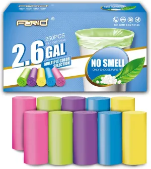 FORID Small Bathroom Trash Bags - 2.6 Gallon Colored Garbage Bags 250 Counts 10 Liter Unscented Waste Can Liners Wastebasket Liner For Home Office (2-3 Gal) - Durable & Thick Trash Bag