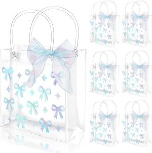 FYSUIMU 24 Pcs Bow Coquette Clear PVC Gift Bags with Handle Ribbon Holographic Bowknot Party Favor Bags Treat Tote Bag for Wedding Birthday Baby Shower Mother's Day Bachelorette Party