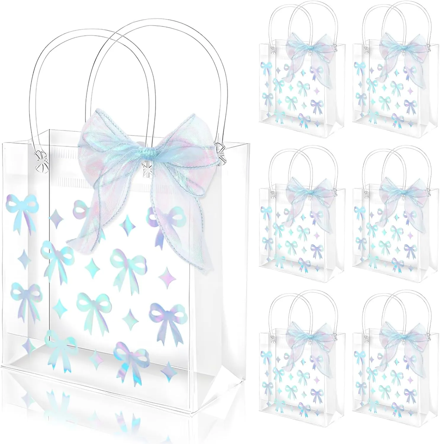 FYSUIMU 24 Pcs Bow Coquette Clear PVC Gift Bags with Handle Ribbon Holographic Bowknot Party Favor Bags Treat Tote Bag for Wedding Birthday Baby Shower Mother's Day Bachelorette Party