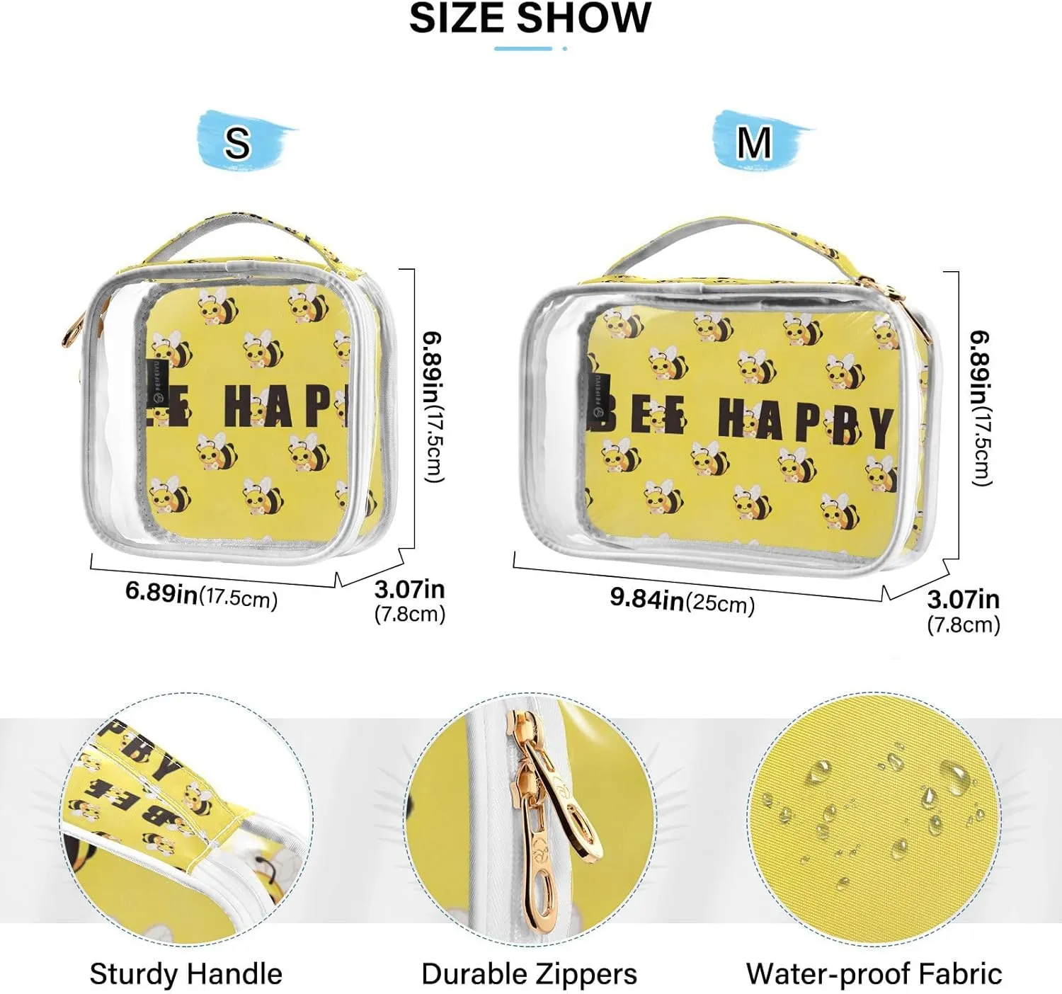 GAIGEO BEE HAPPY Clear Toiletry Bag Set, Travel Clear Bag Tsa Approved, Cosmetic Bags for Women, 2 Pack
