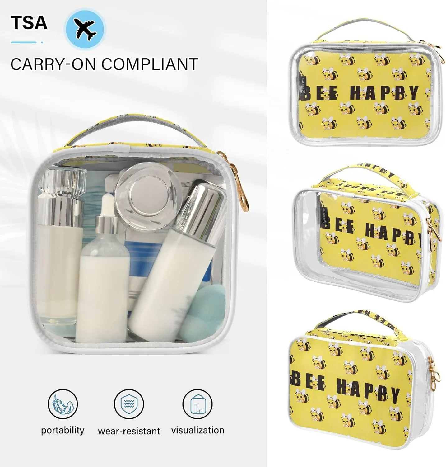 GAIGEO BEE HAPPY Clear Toiletry Bag Set, Travel Clear Bag Tsa Approved, Cosmetic Bags for Women, 2 Pack