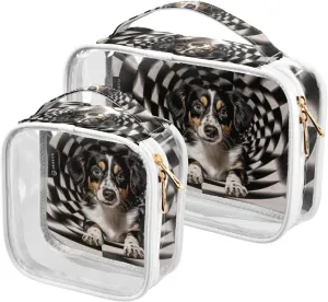 GAIGEO Black White Geometric Swirl Puppy 2 Pack Clear Makeup Bag Set, Portable Makeup Bag, Clear Makeup Bags for Traveling