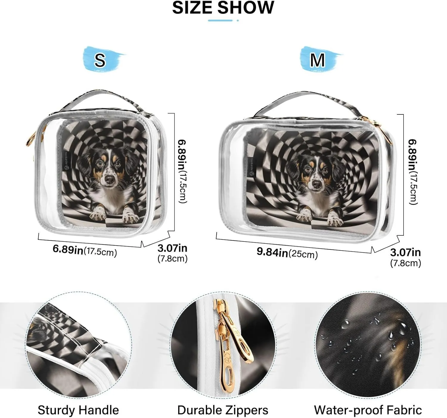 GAIGEO Black White Geometric Swirl Puppy 2 Pack Clear Makeup Bag Set, Portable Makeup Bag, Clear Makeup Bags for Traveling