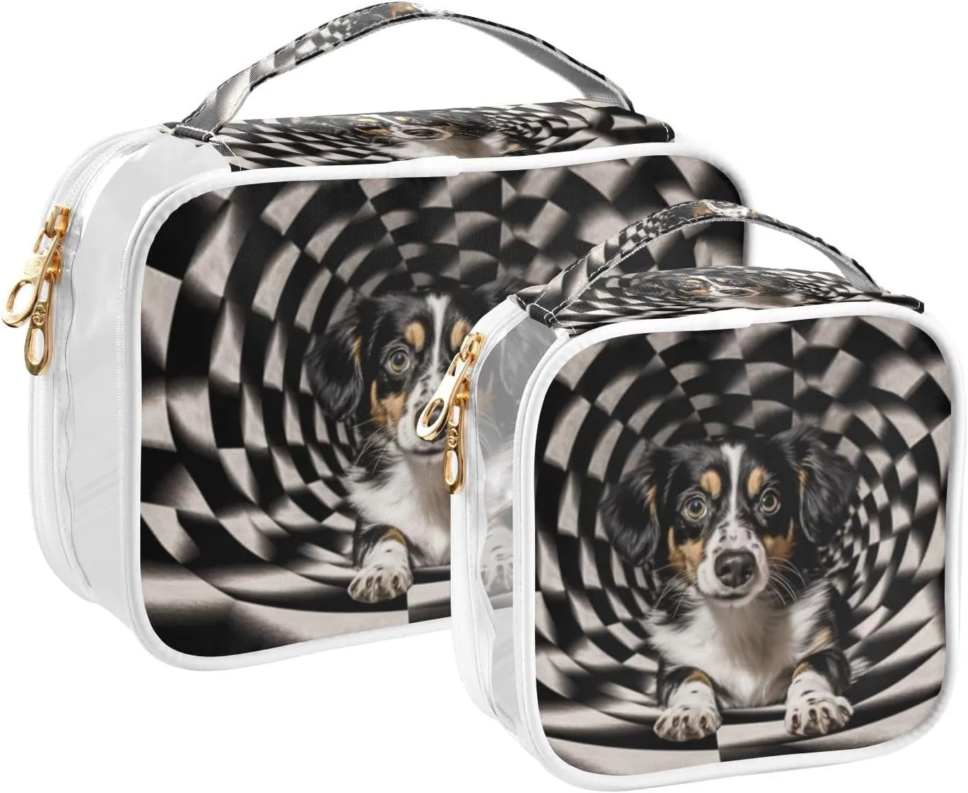 GAIGEO Black White Geometric Swirl Puppy 2 Pack Clear Makeup Bag Set, Portable Makeup Bag, Clear Makeup Bags for Traveling