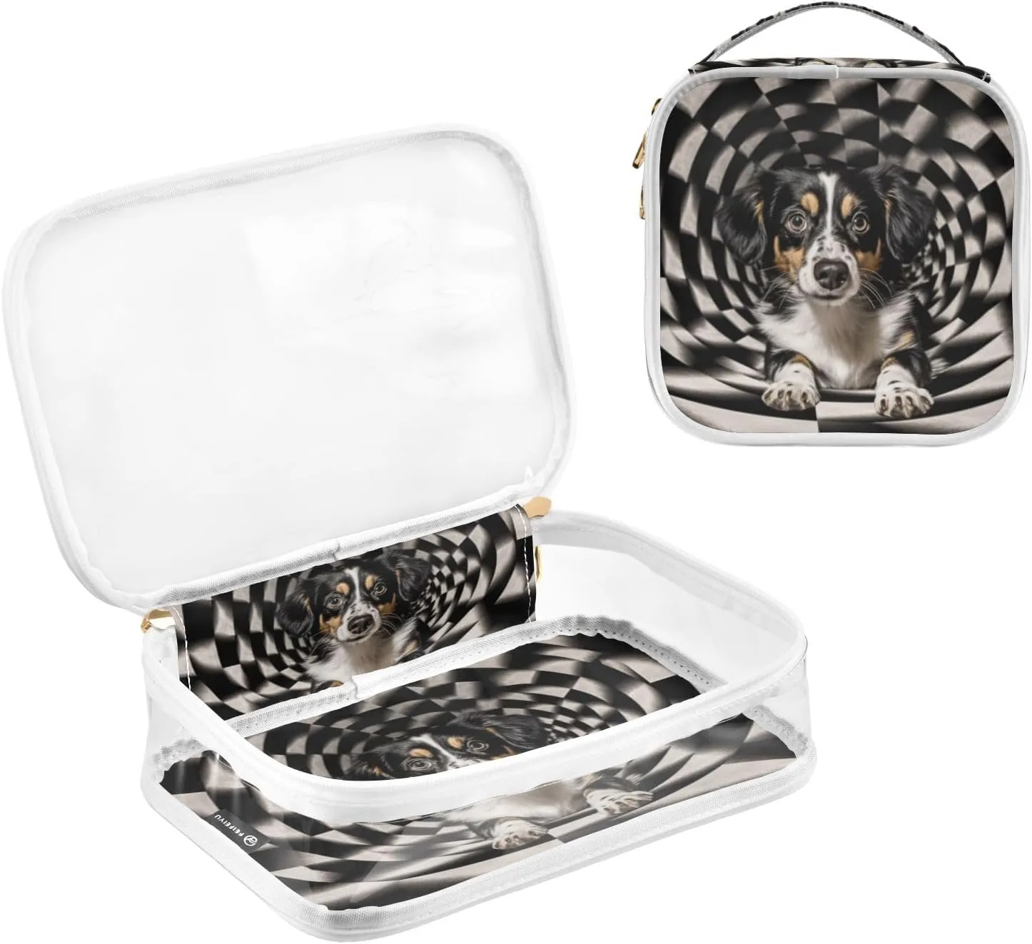 GAIGEO Black White Geometric Swirl Puppy 2 Pack Clear Makeup Bag Set, Portable Makeup Bag, Clear Makeup Bags for Traveling