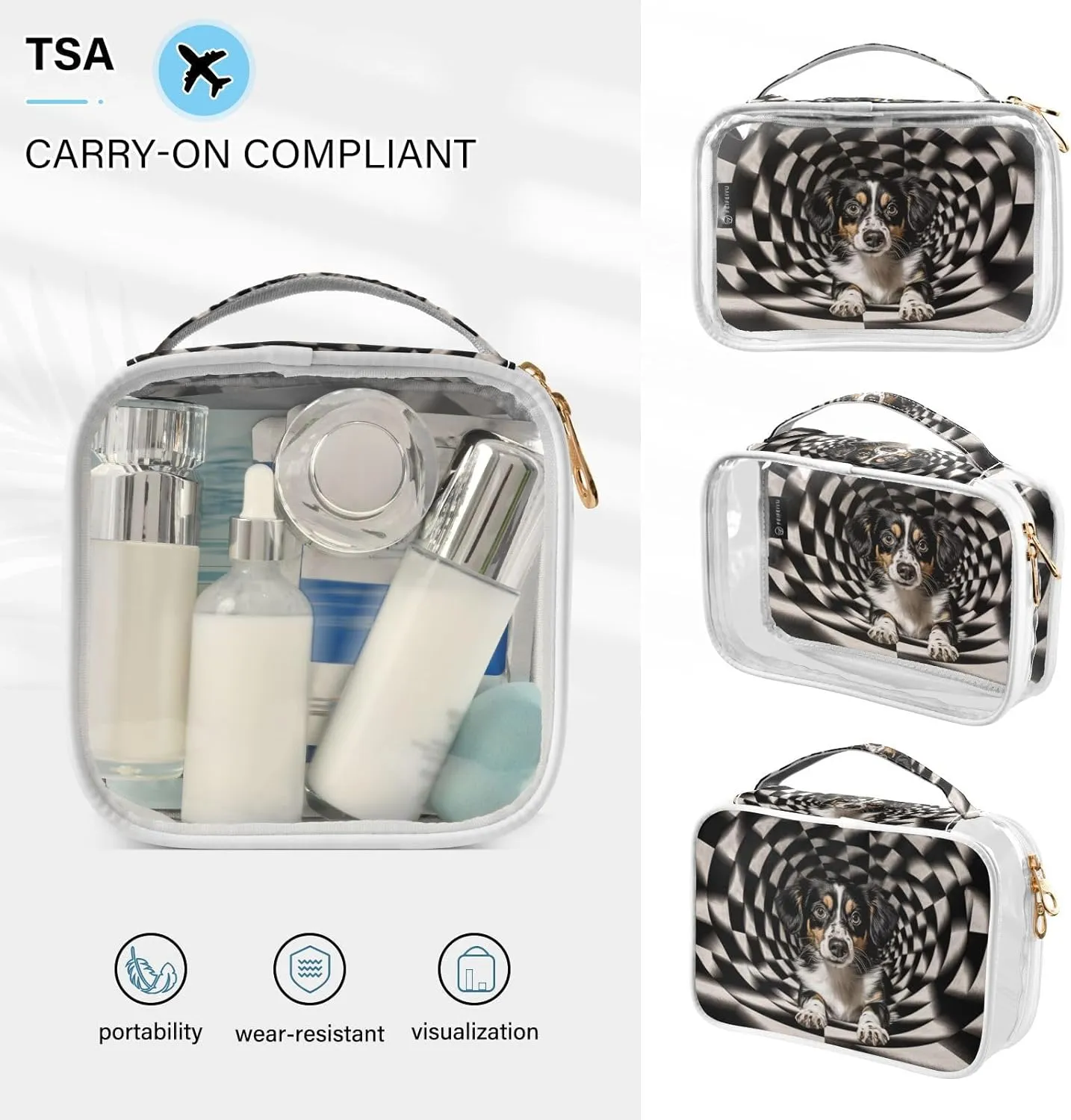 GAIGEO Black White Geometric Swirl Puppy 2 Pack Clear Makeup Bag Set, Portable Makeup Bag, Clear Makeup Bags for Traveling
