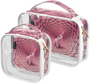 GAIGEO Black White Pink Square Swirl Bunny Clear Travel Tolietry Bag, Storage Bag for Travel, Womens Travel Toiletry Bag, 2 Pack