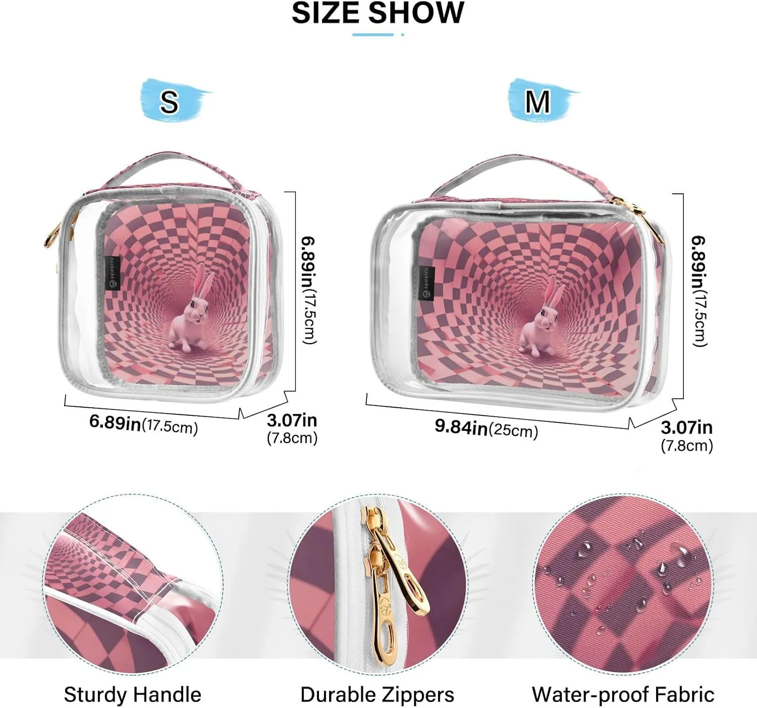 GAIGEO Black White Pink Square Swirl Bunny Clear Travel Tolietry Bag, Storage Bag for Travel, Womens Travel Toiletry Bag, 2 Pack