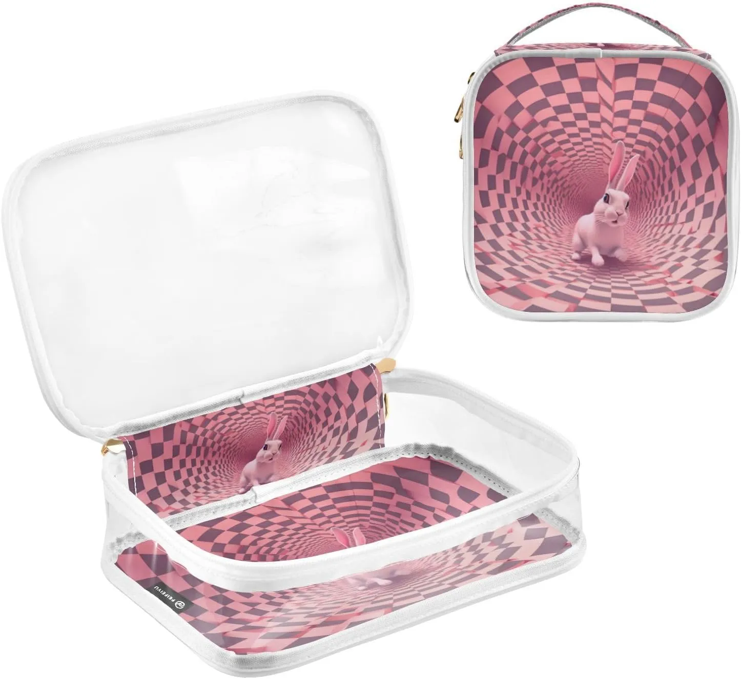 GAIGEO Black White Pink Square Swirl Bunny Clear Travel Tolietry Bag, Storage Bag for Travel, Womens Travel Toiletry Bag, 2 Pack