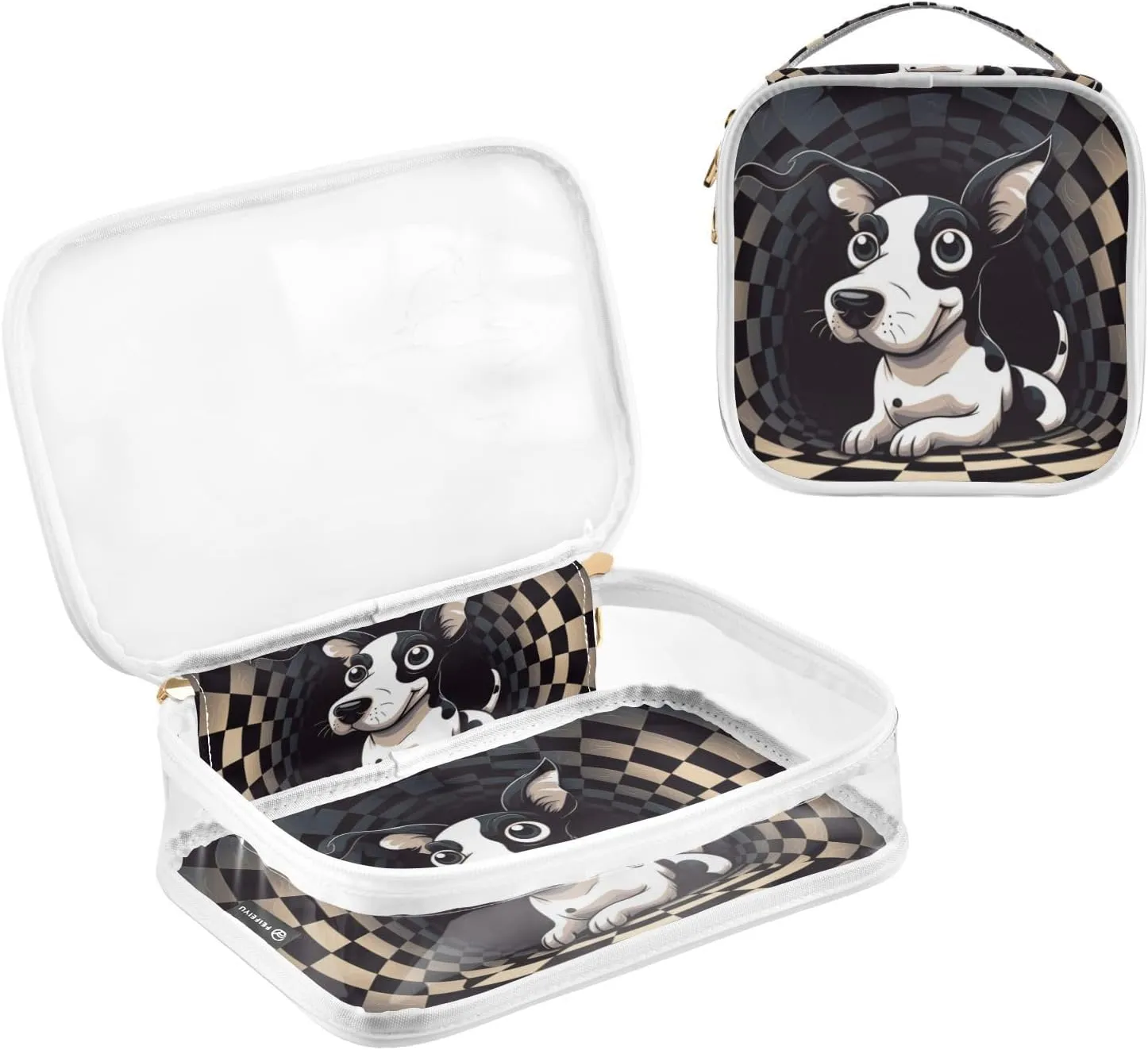 GAIGEO Black White Square Swirl Cartoon Puppy Travel Transparent Bag, Plastic Cosmetic Bag, Cosmetic Travel Accessories, 2 Pack
