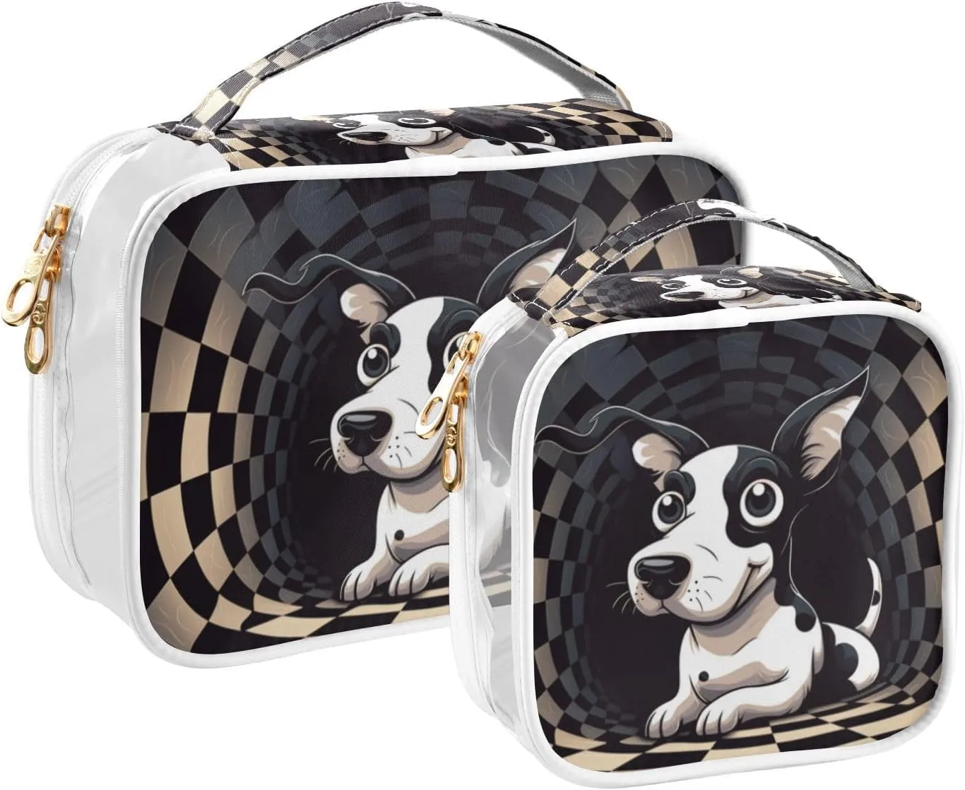 GAIGEO Black White Square Swirl Cartoon Puppy Travel Transparent Bag, Plastic Cosmetic Bag, Cosmetic Travel Accessories, 2 Pack