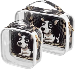 GAIGEO Black White Square Swirl Cartoon Puppy Travel Transparent Bag, Plastic Cosmetic Bag, Cosmetic Travel Accessories, 2 Pack