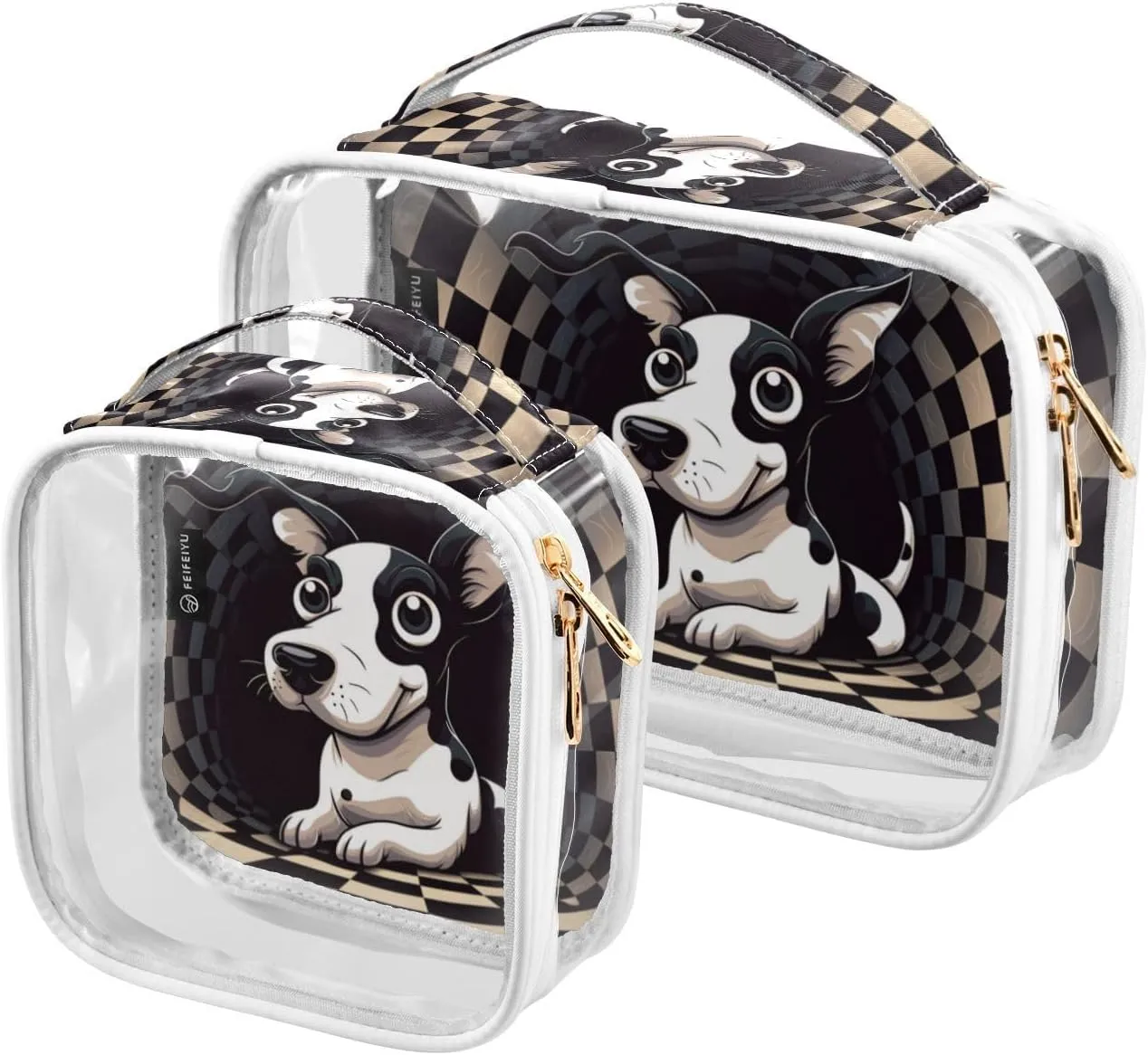 GAIGEO Black White Square Swirl Cartoon Puppy Travel Transparent Bag, Plastic Cosmetic Bag, Cosmetic Travel Accessories, 2 Pack