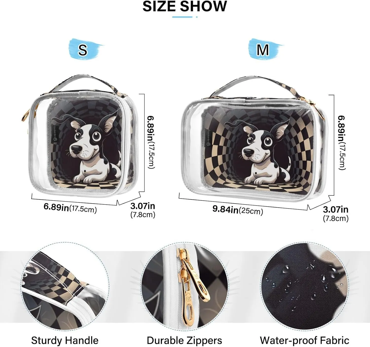 GAIGEO Black White Square Swirl Cartoon Puppy Travel Transparent Bag, Plastic Cosmetic Bag, Cosmetic Travel Accessories, 2 Pack