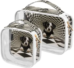GAIGEO Black White Square Swirl Puppy 2 Pack Clear Makeup Bag Set, Skincare Travel Bag, Clear Travel Bags for Air Travel